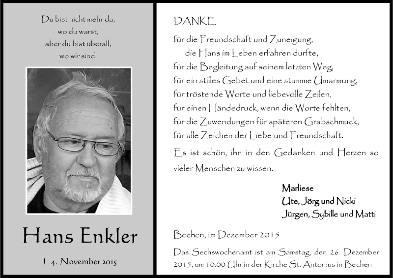  Traueranzeige für Hans Enkler vom 19.12.2015 aus Kölner Stadt-Anzeiger / Kölnische Rundschau / Express