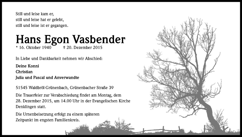  Traueranzeige für Hans Egon Vasbender vom 22.12.2015 aus Kölner Stadt-Anzeiger / Kölnische Rundschau / Express