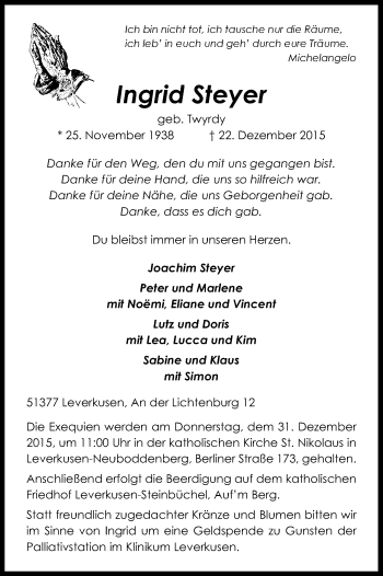 Anzeige von Ingrid Steyer von Kölner Stadt-Anzeiger / Kölnische Rundschau / Express