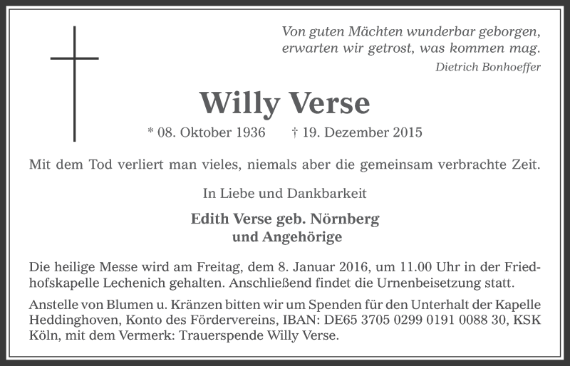  Traueranzeige für Willy Verse vom 30.12.2015 aus  Werbepost 