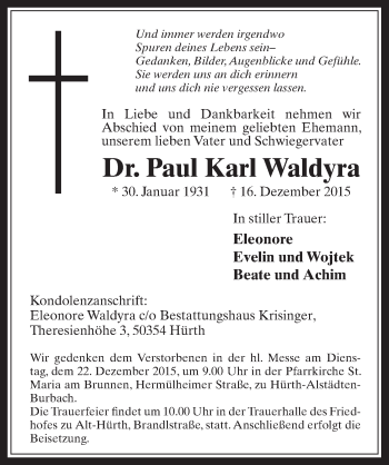 Anzeige von Paul Karl Waldyra von  Sonntags-Post 