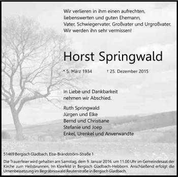 Anzeige von Horst Springwald von Kölner Stadt-Anzeiger / Kölnische Rundschau / Express