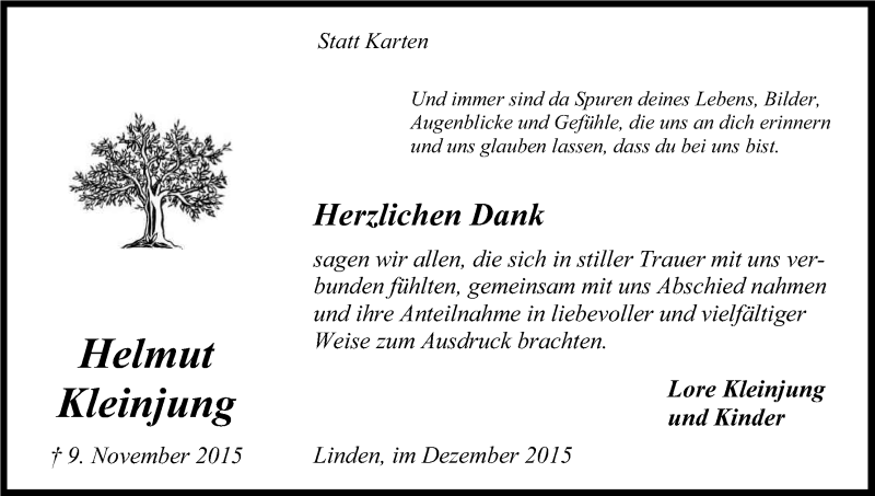  Traueranzeige für Helmut Kleinjung vom 23.12.2015 aus Kölner Stadt-Anzeiger / Kölnische Rundschau / Express