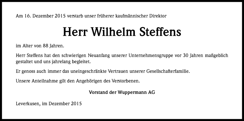  Traueranzeige für Wilhelm Steffens vom 23.12.2015 aus Kölner Stadt-Anzeiger / Kölnische Rundschau / Express