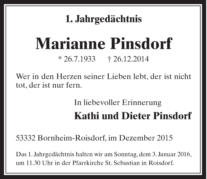  Traueranzeige für Marianne Pinsdorf vom 30.12.2015 aus  Schaufenster/Blickpunkt 