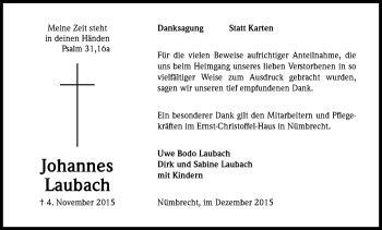 Anzeige von Johannes Laubach von Kölner Stadt-Anzeiger / Kölnische Rundschau / Express