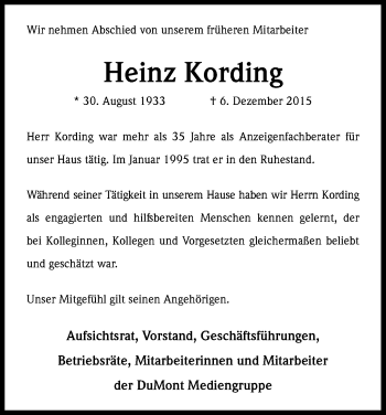 Anzeige von Heinz Kording von Kölner Stadt-Anzeiger / Kölnische Rundschau / Express