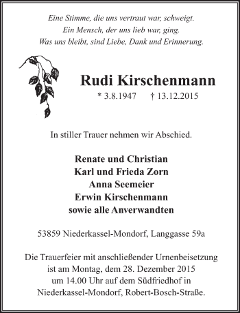 Anzeige von Rudi Kirschenmann von  Extra Blatt 