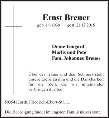 Anzeige von Ernst Breuer von  Wochenende  Schlossbote/Werbekurier 