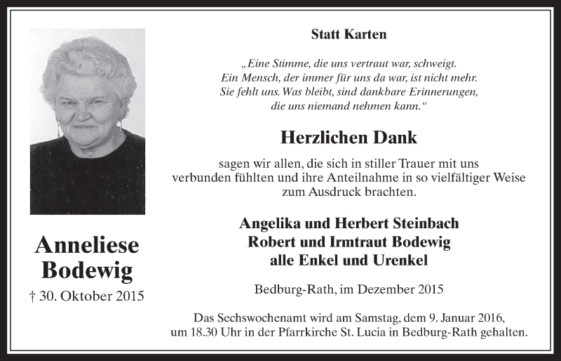 Traueranzeige für Anneliese Bodewig vom 30.12.2015 aus  Werbepost 