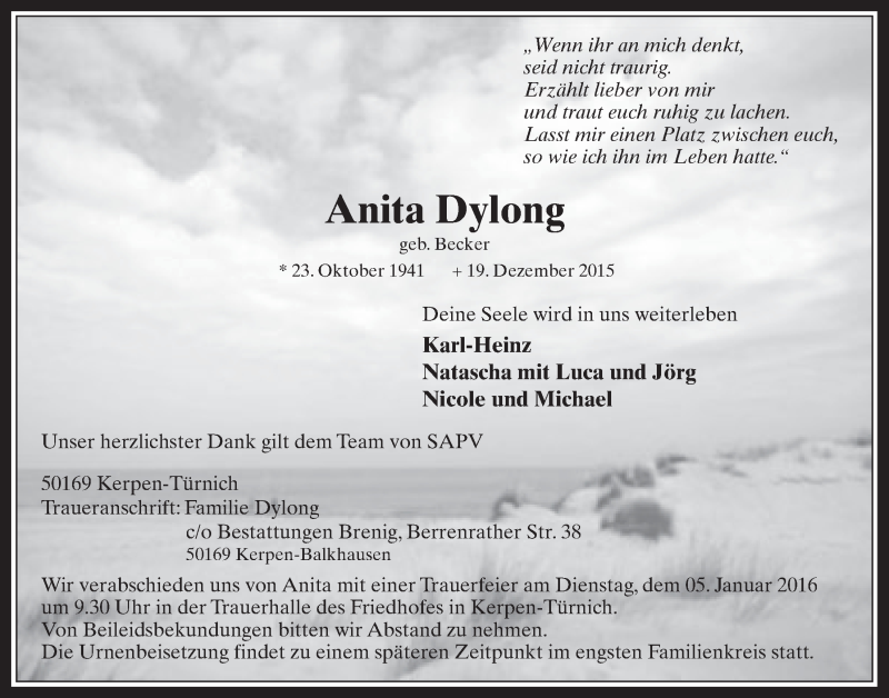  Traueranzeige für Anita Dylong vom 30.12.2015 aus  Werbepost 