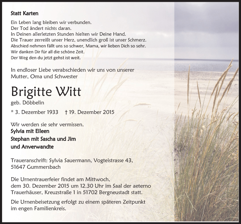  Traueranzeige für Brigitte Witt vom 23.12.2015 aus  Anzeigen Echo 