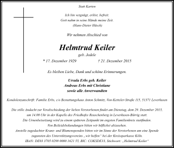 Anzeige von Helmtrud Keiler von Kölner Stadt-Anzeiger / Kölnische Rundschau / Express