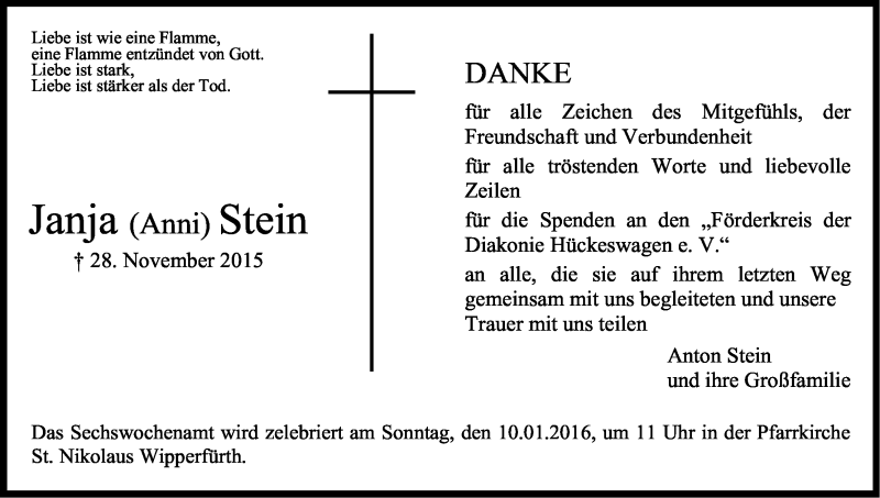  Traueranzeige für Janja Stein vom 19.12.2015 aus Kölner Stadt-Anzeiger / Kölnische Rundschau / Express