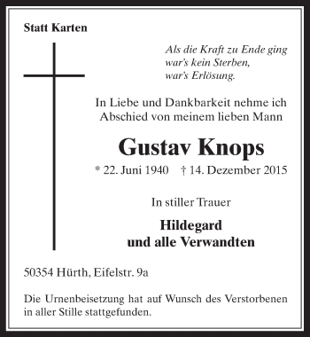 Anzeige von Gustav Knops von  Wochenende 