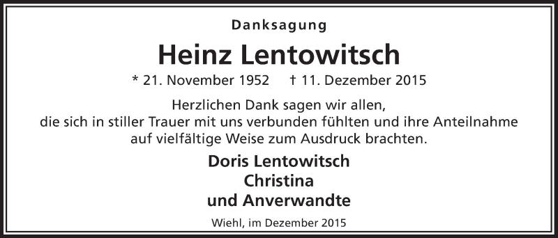  Traueranzeige für Heinz Lentowitsch vom 30.12.2015 aus  Anzeigen Echo 