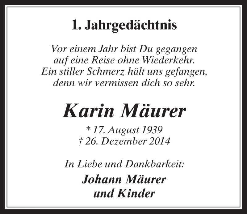  Traueranzeige für Karin Mäurer vom 23.12.2015 aus  Werbepost 