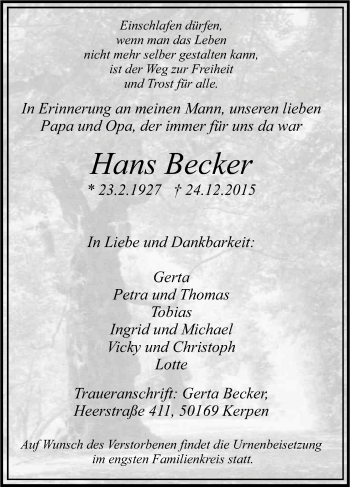 Anzeige von Hans Becker von Kölner Stadt-Anzeiger / Kölnische Rundschau / Express