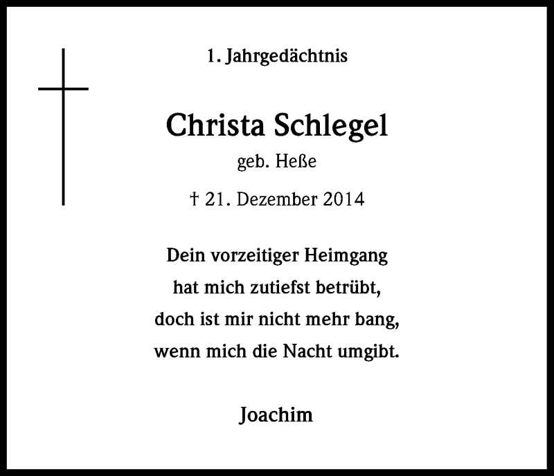  Traueranzeige für Christa Schlegel vom 21.12.2015 aus Kölner Stadt-Anzeiger / Kölnische Rundschau / Express
