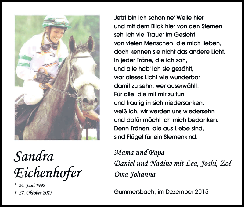  Traueranzeige für Sandra Eichenhofer vom 19.12.2015 aus Kölner Stadt-Anzeiger / Kölnische Rundschau / Express