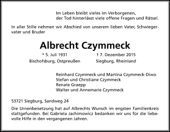 Anzeige von Albrecht Czymmeck von Kölner Stadt-Anzeiger / Kölnische Rundschau / Express