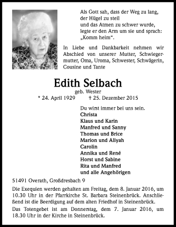 Anzeige von Edith Selbach von Kölner Stadt-Anzeiger / Kölnische Rundschau / Express