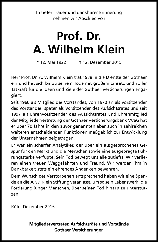  Traueranzeige für Adam Wilhelm Klein vom 19.12.2015 aus Kölner Stadt-Anzeiger / Kölnische Rundschau / Express