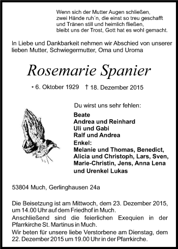 Anzeige von Rosemarie Spanier von Kölner Stadt-Anzeiger / Kölnische Rundschau / Express