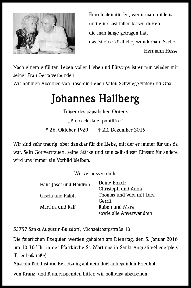 Traueranzeige für Johannes Hallberg vom 30.12.2015 aus Kölner Stadt-Anzeiger / Kölnische Rundschau / Express