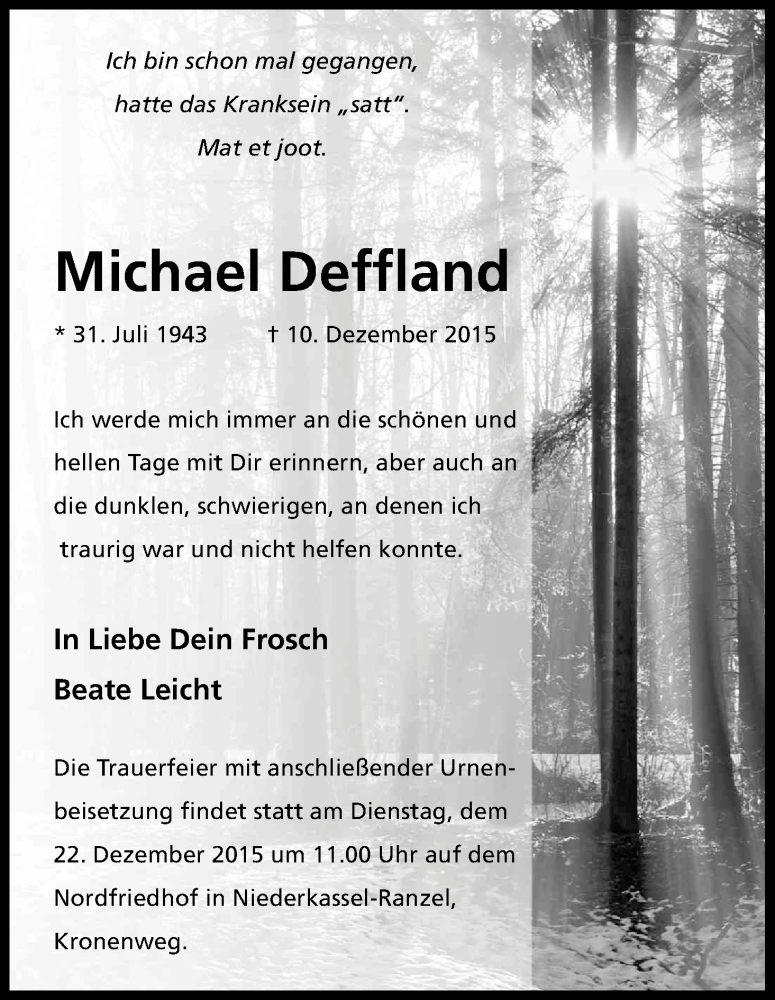  Traueranzeige für Michael Deffland vom 19.12.2015 aus Kölner Stadt-Anzeiger / Kölnische Rundschau / Express