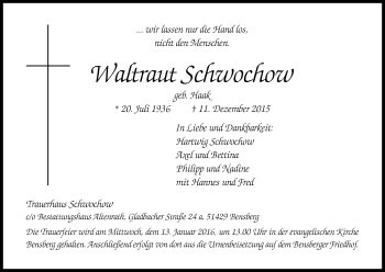 Anzeige von Waltraut Schwochow von Kölner Stadt-Anzeiger / Kölnische Rundschau / Express