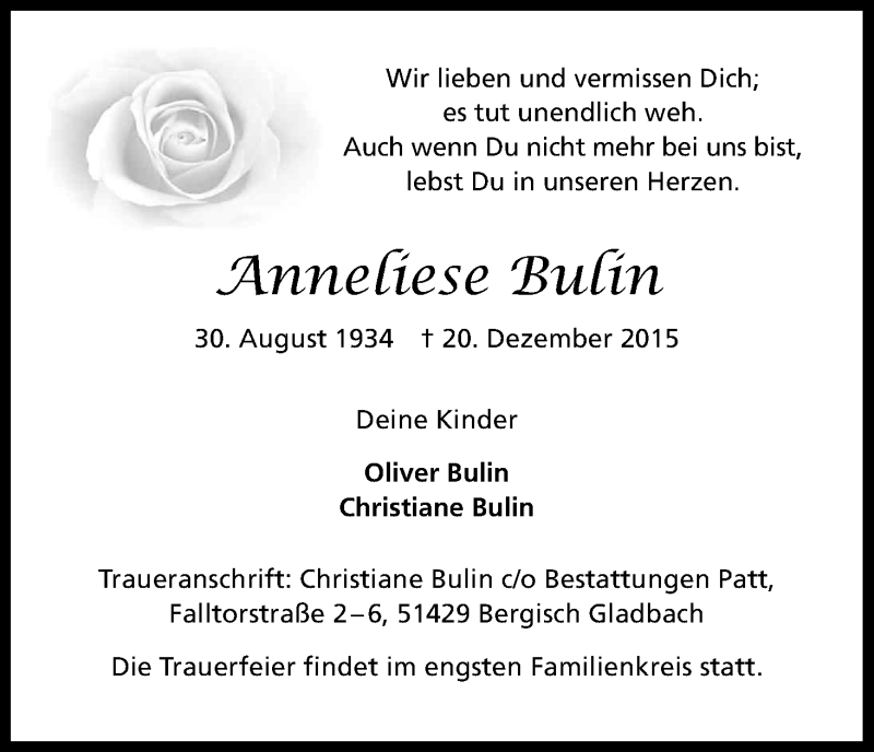  Traueranzeige für Anneliese Bulin vom 28.12.2015 aus Kölner Stadt-Anzeiger / Kölnische Rundschau / Express