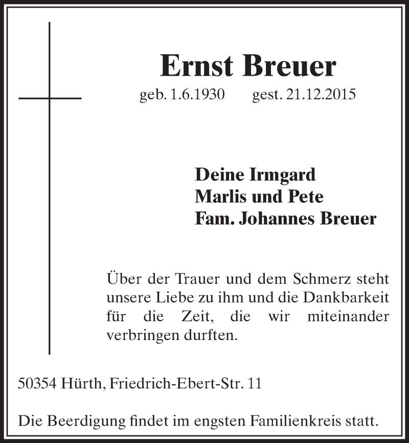  Traueranzeige für Ernst Breuer vom 30.12.2015 aus  Wochenende  Schlossbote/Werbekurier 
