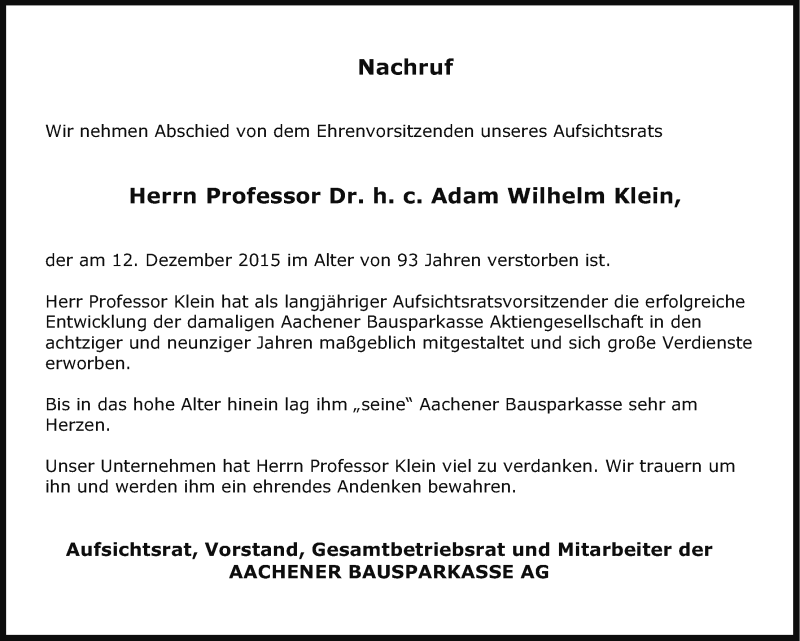  Traueranzeige für Adam Wilhelm Klein vom 19.12.2015 aus Kölner Stadt-Anzeiger / Kölnische Rundschau / Express