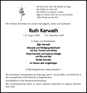 Anzeige von Ruth Karwath von Kölner Stadt-Anzeiger / Kölnische Rundschau / Express