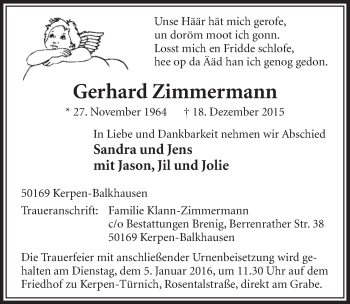 Anzeige von Gerhard Zimmermann von  Sonntags-Post 