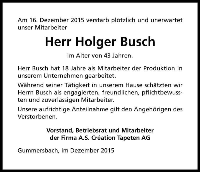  Traueranzeige für Holger Busch vom 21.12.2015 aus Kölner Stadt-Anzeiger / Kölnische Rundschau / Express