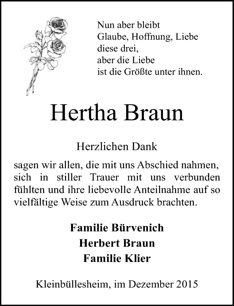  Traueranzeige für Hertha Braun vom 20.12.2015 aus  Blickpunkt Euskirchen 
