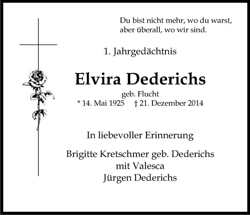  Traueranzeige für Elvira Dederichs vom 21.12.2015 aus Kölner Stadt-Anzeiger / Kölnische Rundschau / Express