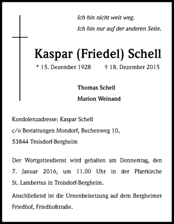 Anzeige von Kaspar Schell von Kölner Stadt-Anzeiger / Kölnische Rundschau / Express