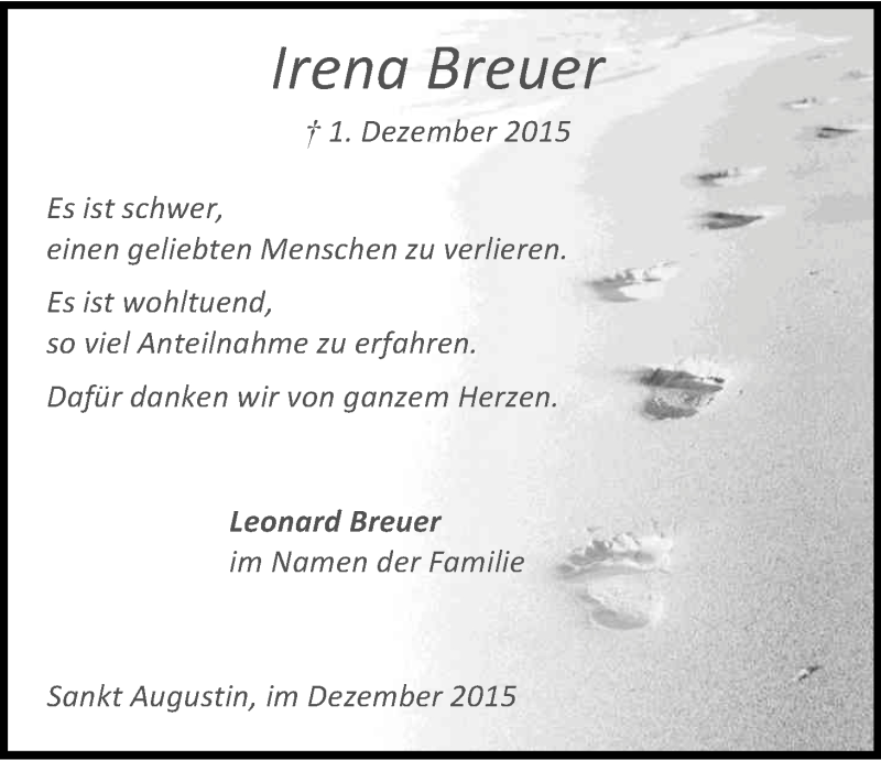  Traueranzeige für Irena Breuer vom 19.12.2015 aus Kölner Stadt-Anzeiger / Kölnische Rundschau / Express