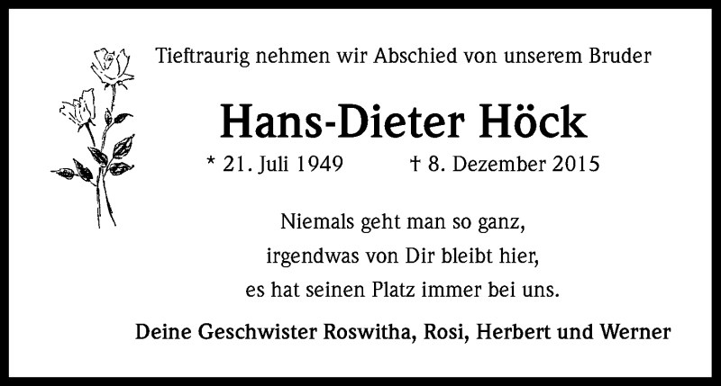  Traueranzeige für Hans-Dieter Höck vom 19.12.2015 aus Kölner Stadt-Anzeiger / Kölnische Rundschau / Express