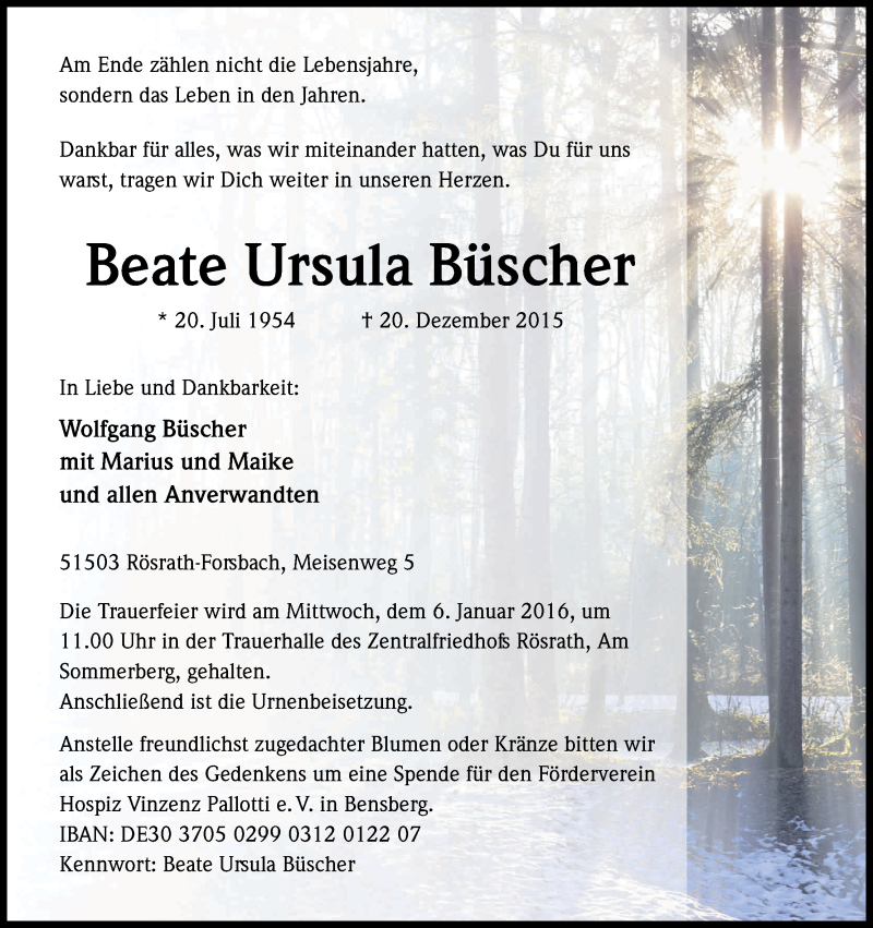  Traueranzeige für Beate Ursula Büscher vom 30.12.2015 aus Kölner Stadt-Anzeiger / Kölnische Rundschau / Express