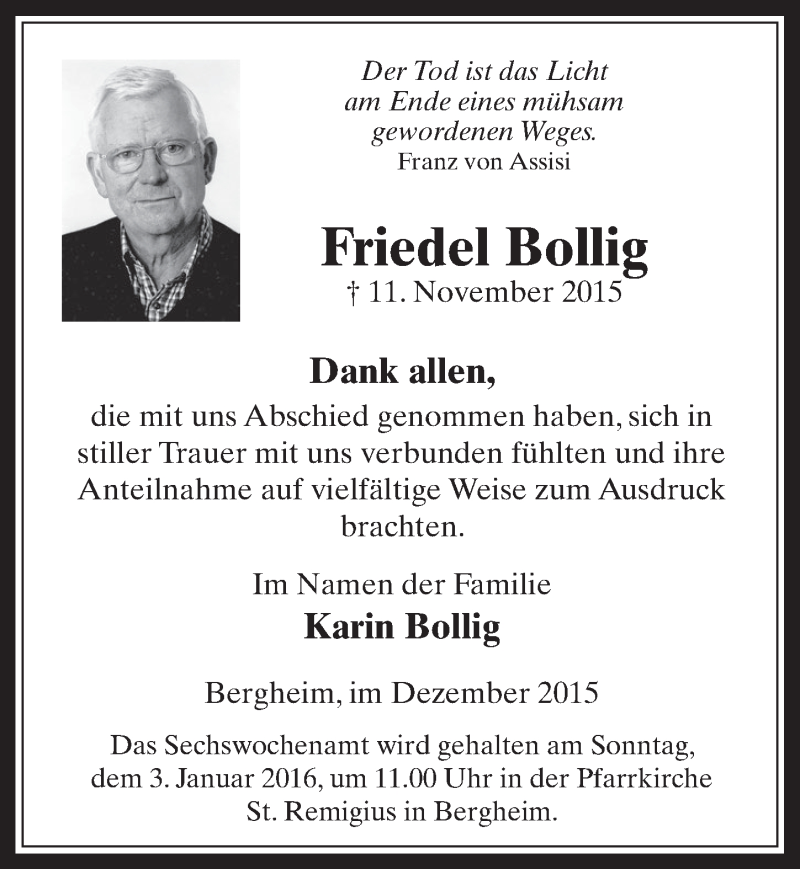  Traueranzeige für Friedel Bollig vom 30.12.2015 aus  Werbepost 
