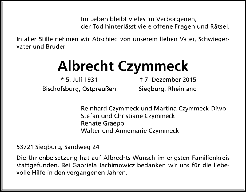  Traueranzeige für Albrecht Czymmeck vom 28.12.2015 aus Kölner Stadt-Anzeiger / Kölnische Rundschau / Express