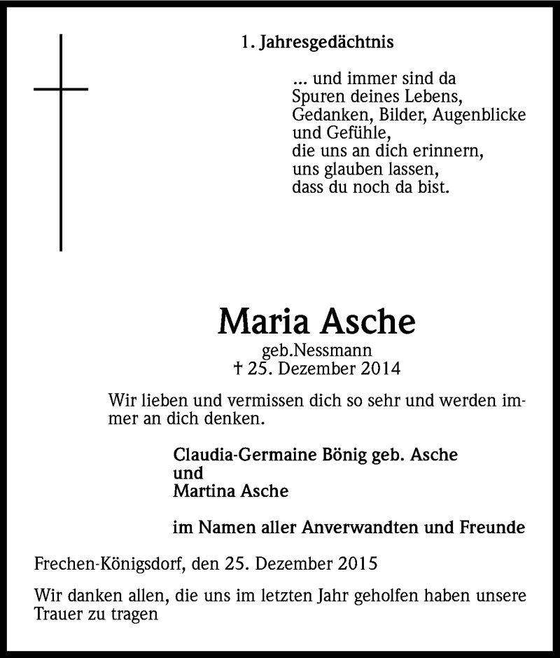  Traueranzeige für Maria Asche vom 28.12.2015 aus Kölner Stadt-Anzeiger / Kölnische Rundschau / Express