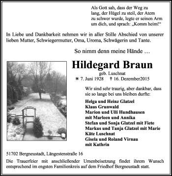 Anzeige von Hildegard Braun von Kölner Stadt-Anzeiger / Kölnische Rundschau / Express