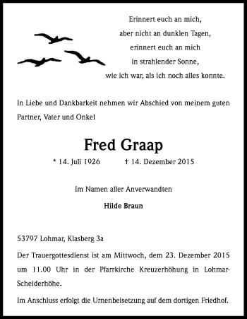 Anzeige von Fred Graap von Kölner Stadt-Anzeiger / Kölnische Rundschau / Express
