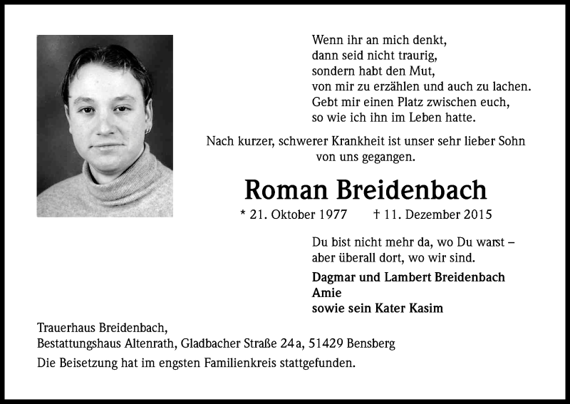  Traueranzeige für Roman Breidenbach vom 23.12.2015 aus Kölner Stadt-Anzeiger / Kölnische Rundschau / Express