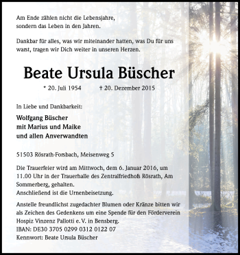 Anzeige von Beate Ursula Büscher von Kölner Stadt-Anzeiger / Kölnische Rundschau / Express